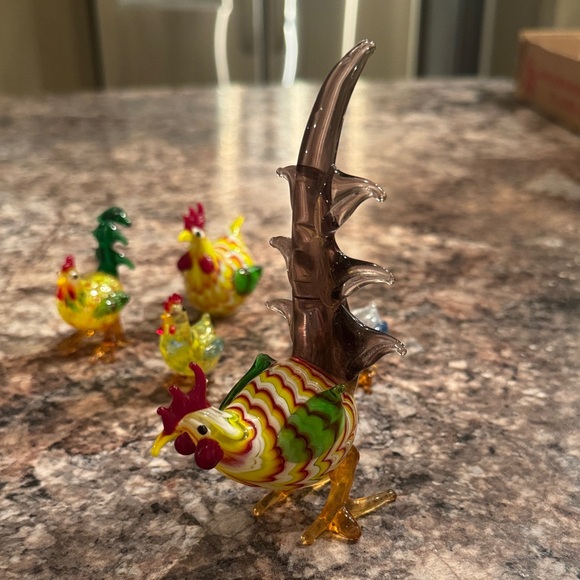 Colorful Glass Rooster and Chick Figurines - Picture 2 of 7